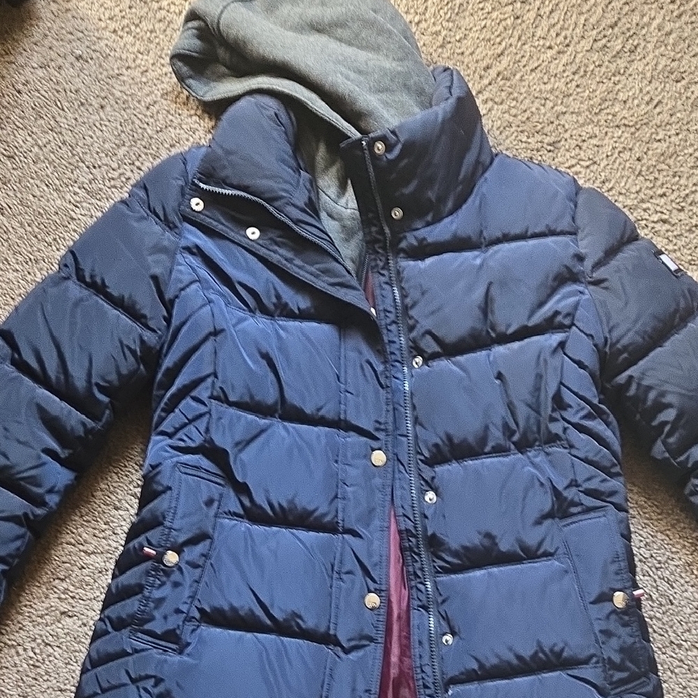 Navy Blue Puffer Jacket with Gray Hood